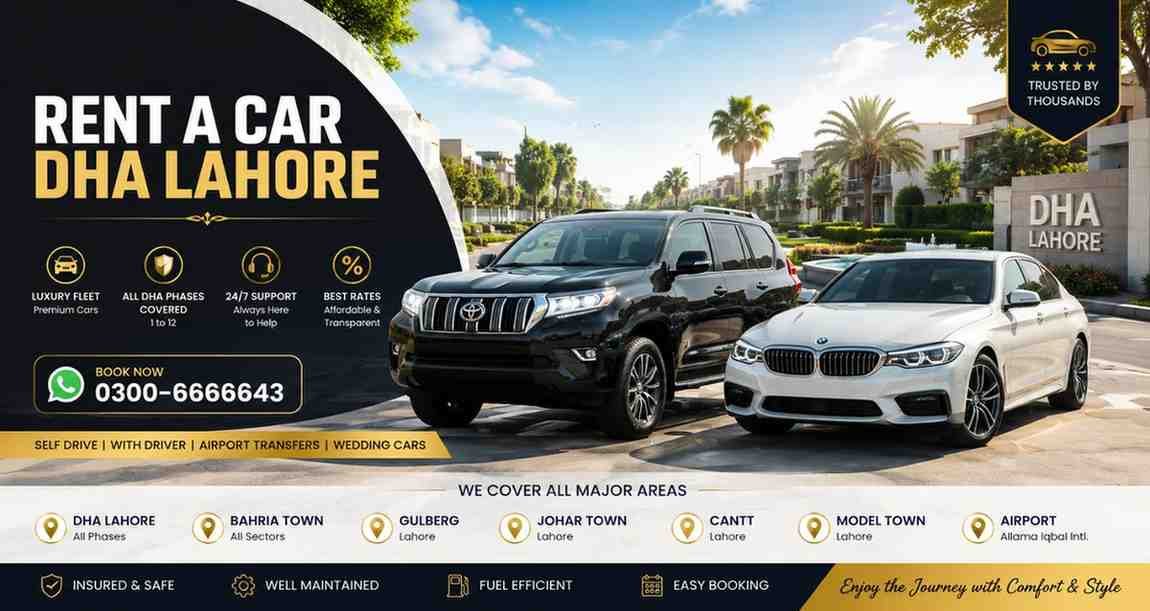Rent a car DHA Lahore — Noor Noorani vehicle on DHA Phase 6 Main Boulevard.